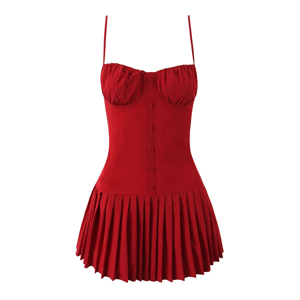 Crimson Ruched Front Button Mini Dress With Slash Collar And Sling Bodice