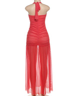 Nibber See Through Hem Halter Maxi Dress Backless Patchwork Bodycon