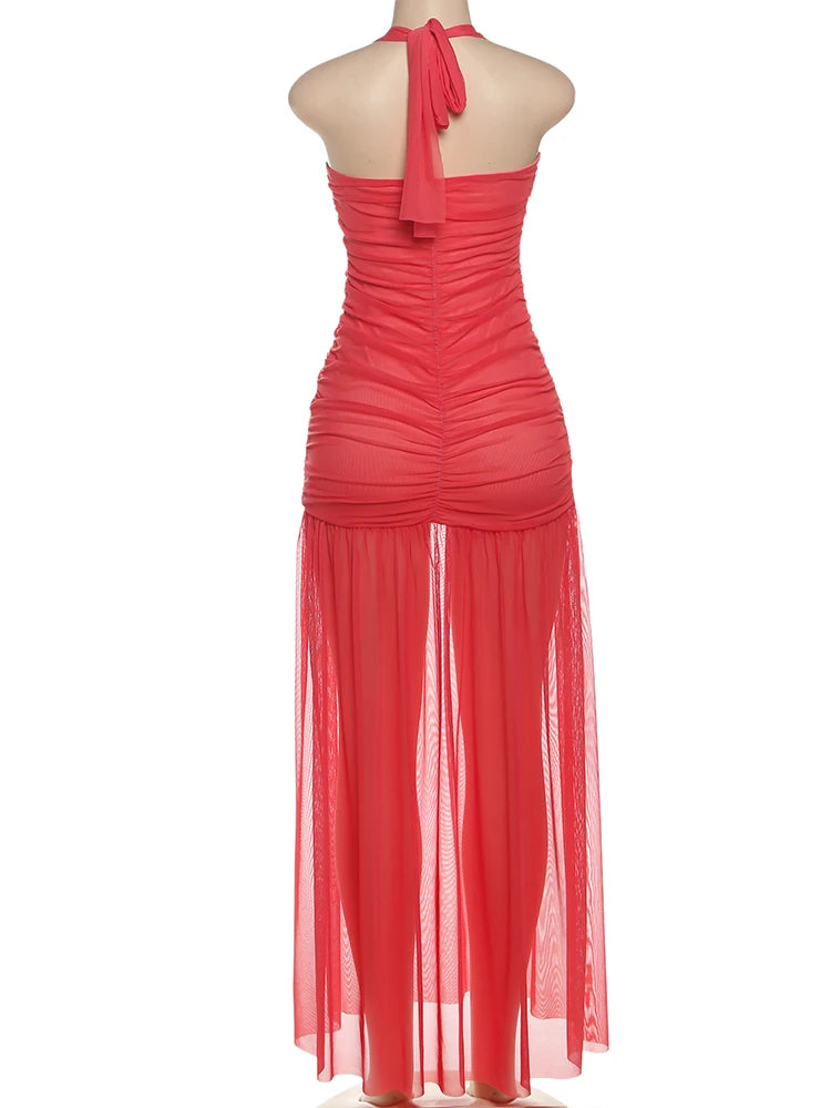 Nibber See Through Hem Halter Maxi Dress Backless Patchwork Bodycon