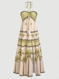 Elegant Printed Halter Neck Maxi Dress Loose Fit