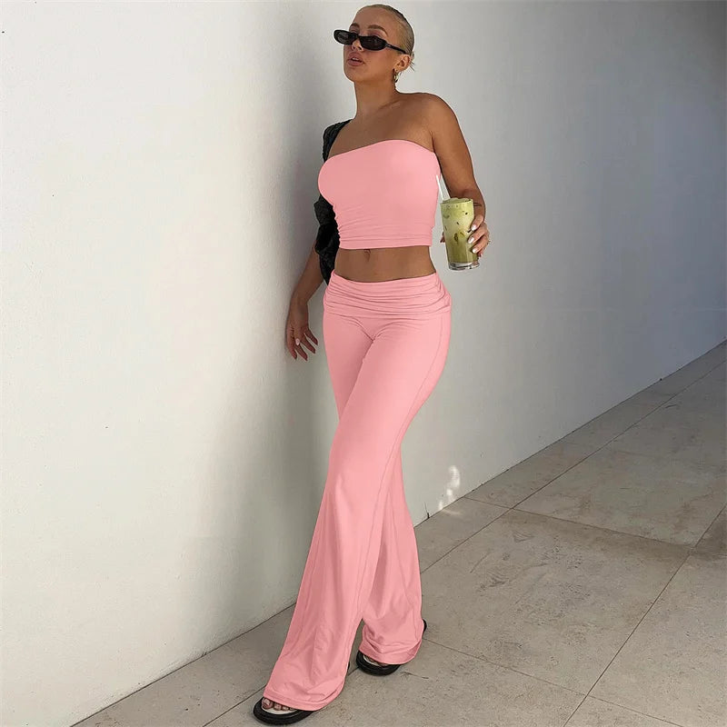 Strapless Crop Top And High Waist Ruched Flare Pants Set