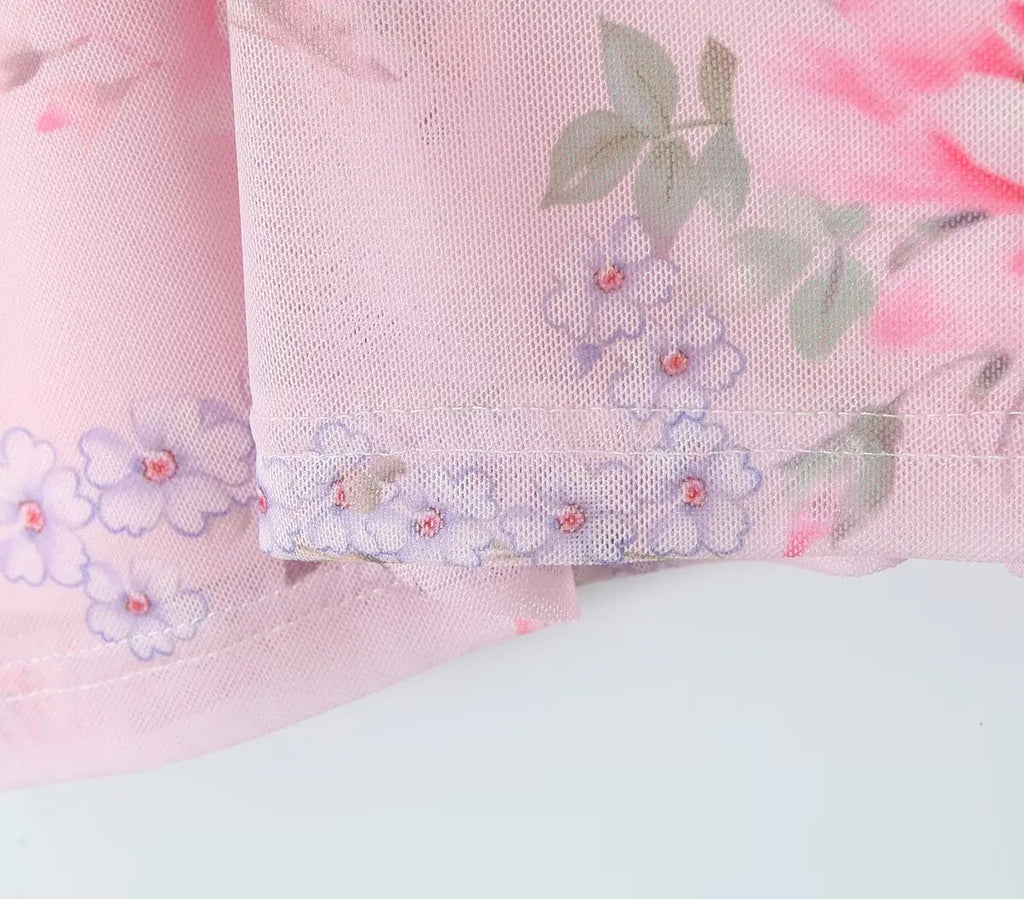 Vintage Pink Floral Print Mini Sexy Women's Dress
