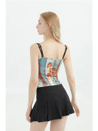 Flirty Vintage Graphic Spaghetti Strap Cami Top With Off Shoulder Flair