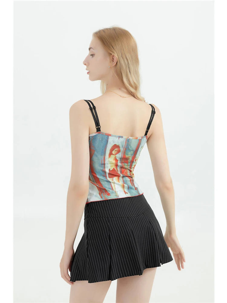 Flirty Vintage Graphic Spaghetti Strap Cami Top With Off Shoulder Flair