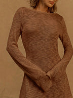 A Line Knit Mini Dress With Slash Neck And Bell Sleeves