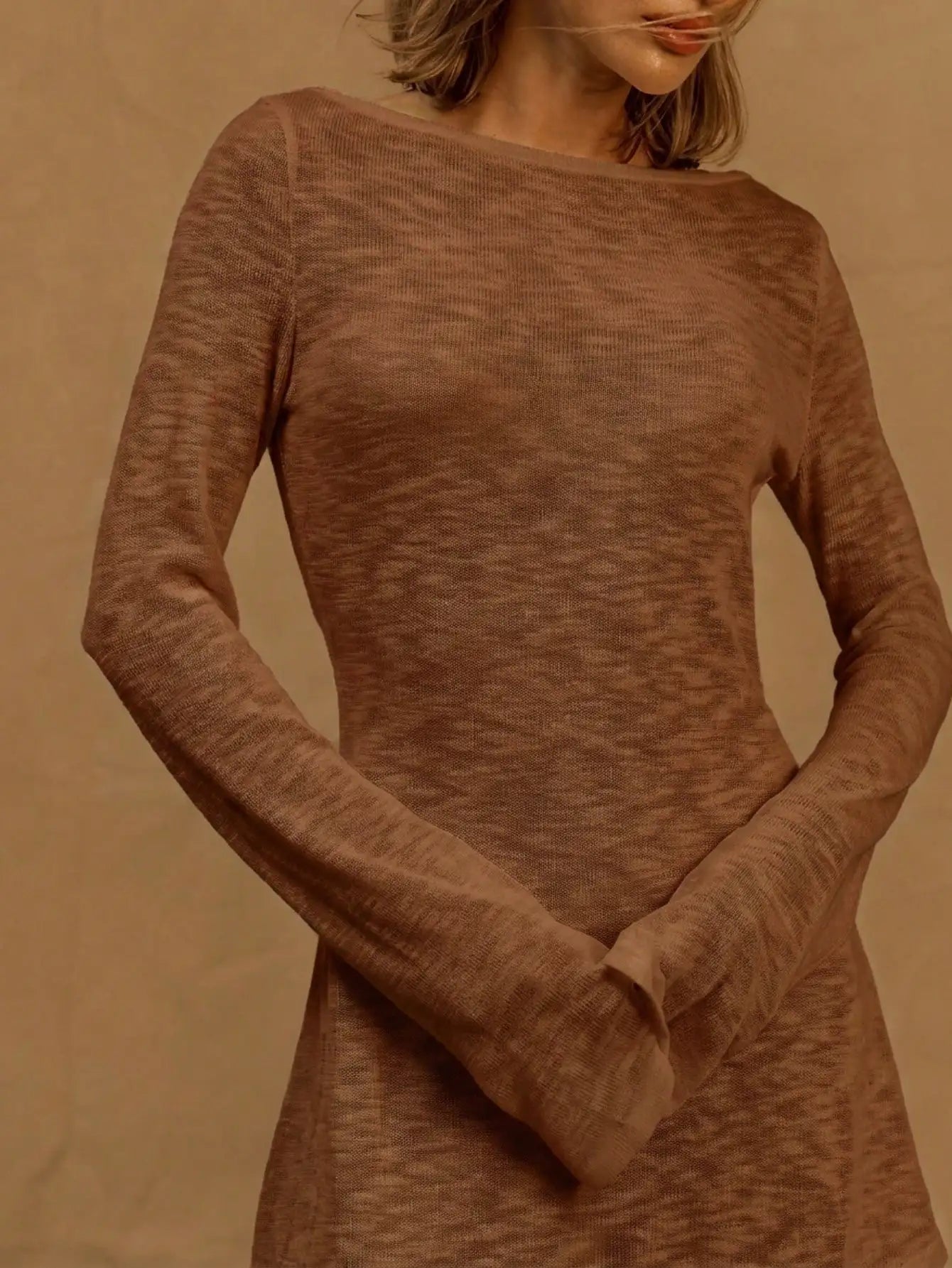 A Line Knit Mini Dress With Slash Neck And Bell Sleeves