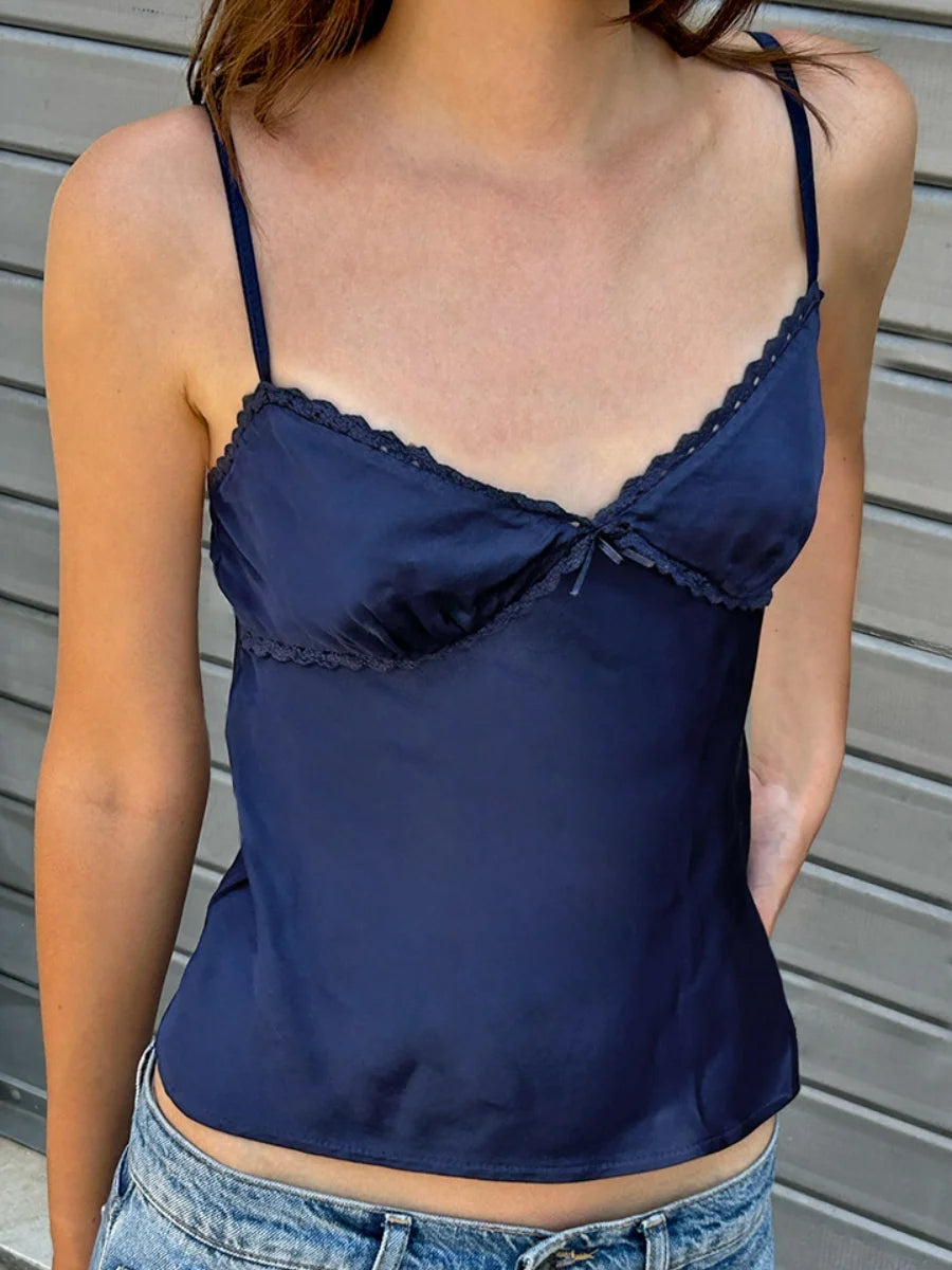 Satin Spaghetti Strap Camisole With Lace Trim V Neck Top