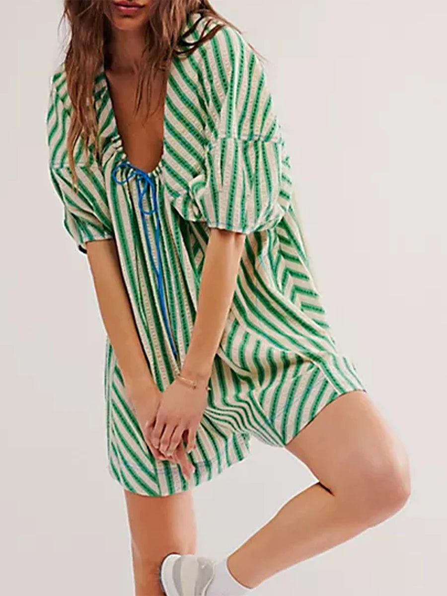 Y2k Rompers Sexy Loose Puff Sleeve V Neck Striped Jumpsuits Shorts Overalls Dress