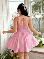 Plus Size Plaid Spaghetti Strap Mini Dress With Elegant Waist Cinching