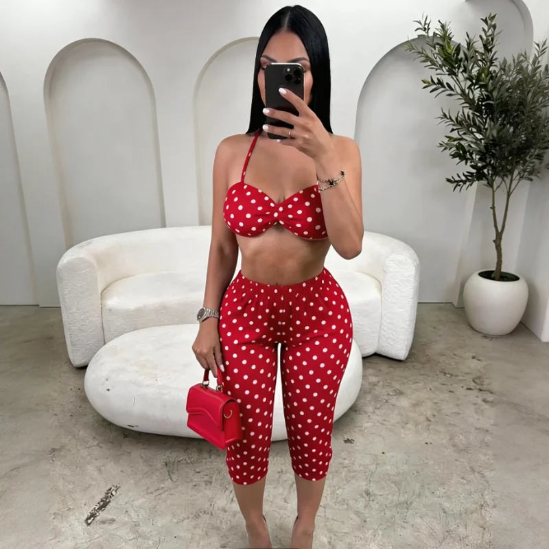 Two Piece Spaghetti Strap Crop Top And Capris Set Sleeveless Backless Look