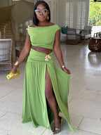 Gold Brooch Top And Maxi Skirt Set With Ruched Detail And High Slit