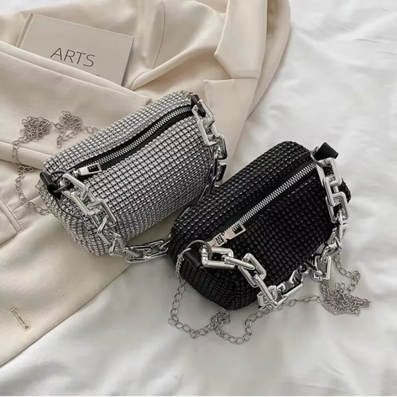 Mini Crossbody Rhinestone Bucket Bag With Glitter Chain Purse