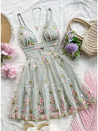 Plus Size Lace Spliced Backless Embroidery Mini Dress With Hollow Out Detail