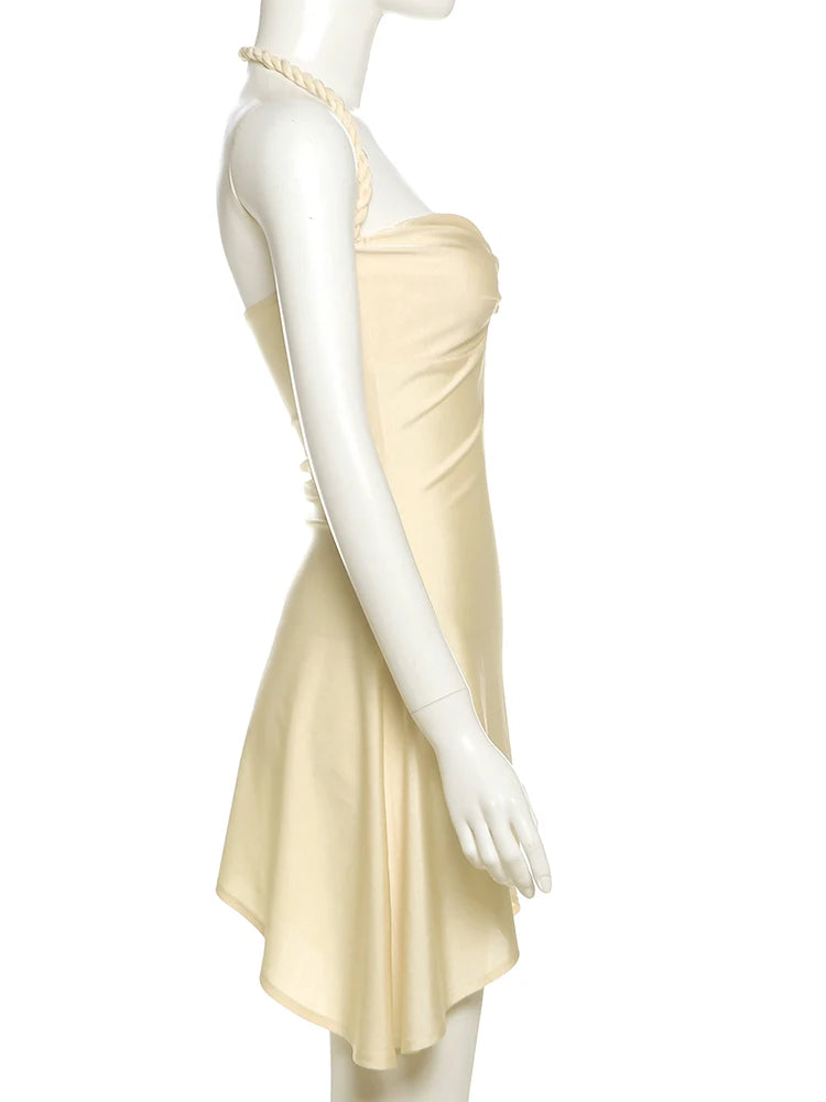 Metallic Satin Halter Mini Dress With Backless Ruched Silhouette