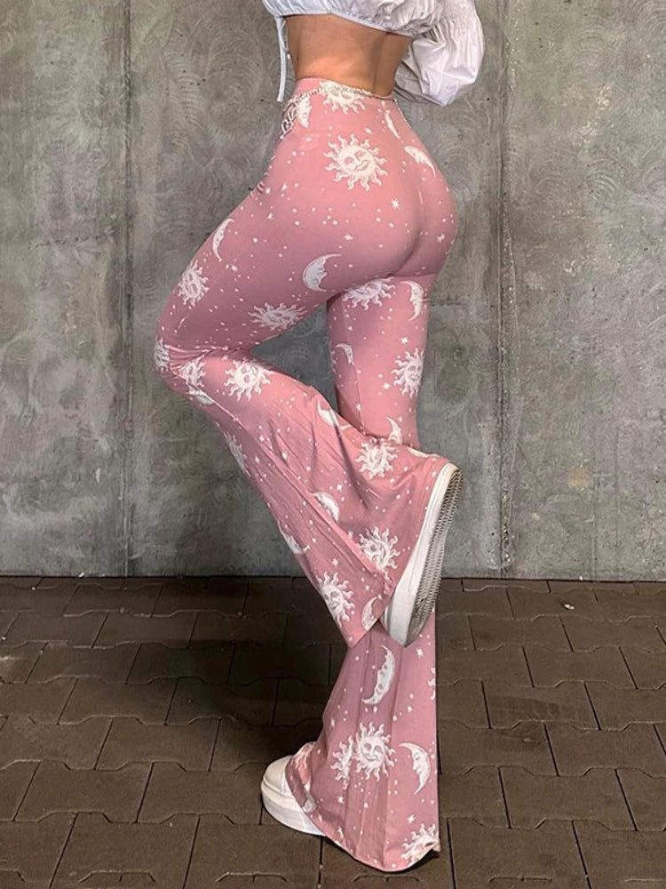 Vibrant Pink Patchwork Flared Pants With Elastic Waist And Wide Leg Streetwear Abstract Print