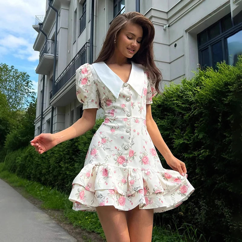 Puff Sleeves Ruffled Mini Dress With Pearl Buttons