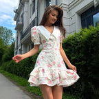Puff Sleeves Ruffled Mini Dress With Pearl Buttons