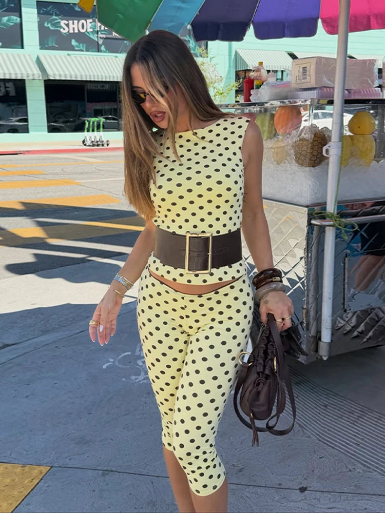 Retro Yellow Polka Dot Open Back Sleeveless Top And Capri Pants Set High Waist