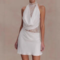 Slim Fit Lace Patchwork Satin Sleeveless Party Dress With Hollow Out Detailing White