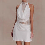 Slim Fit Lace Patchwork Satin Sleeveless Party Dress With Hollow Out Detailing White