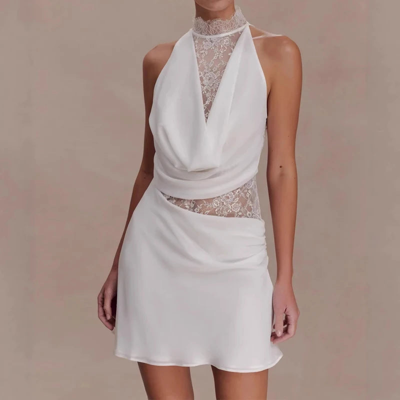 Slim Fit Lace Patchwork Satin Sleeveless Party Dress With Hollow Out Detailing White