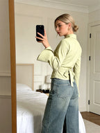 Cinched Waist Button Down Blouse With Back Tie Long Sleeve