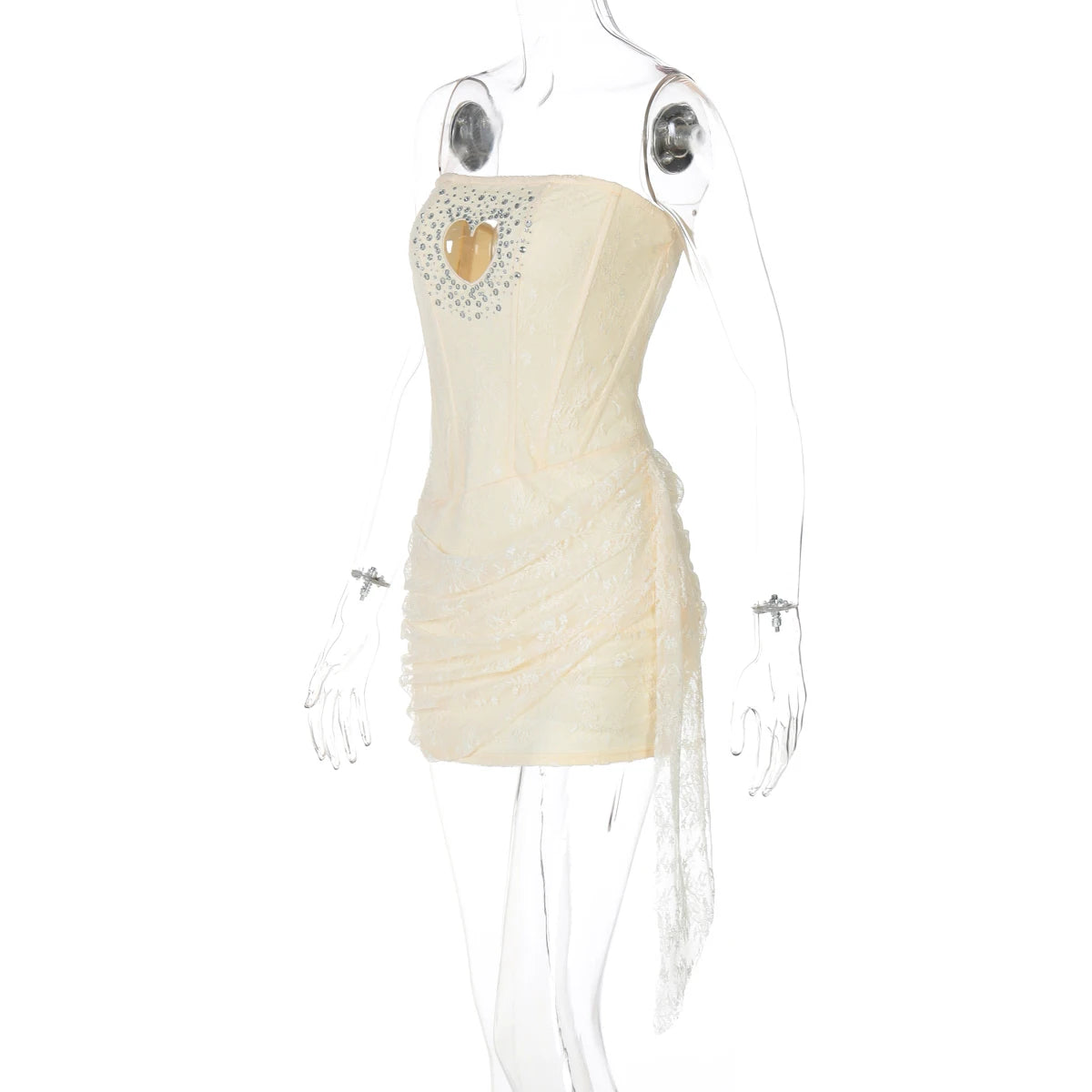 Sequined Strapless Mesh Mini Dress With Heart Cutout Zip Front