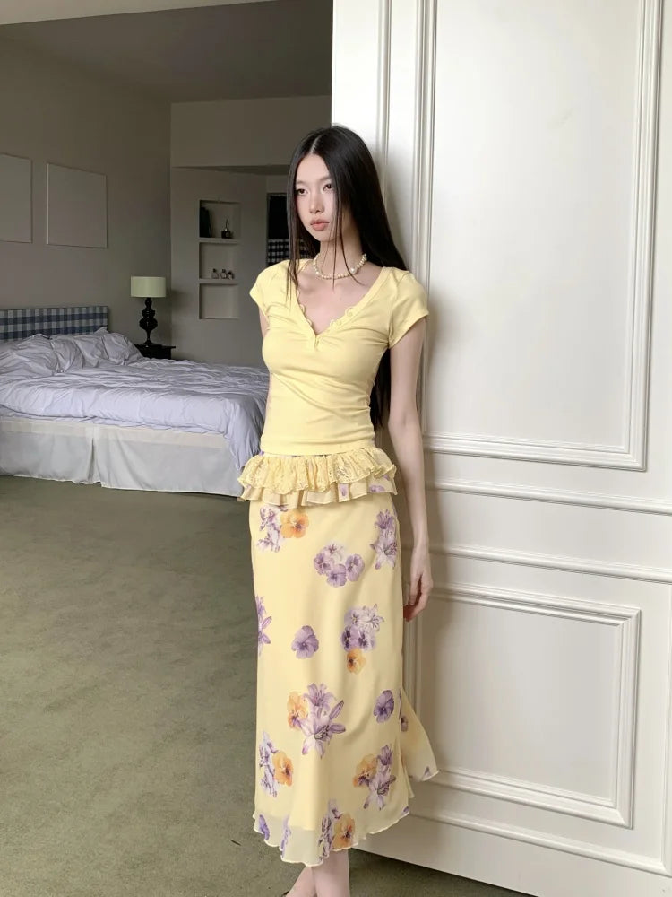 Floral Lace Peplum Midi Skirt