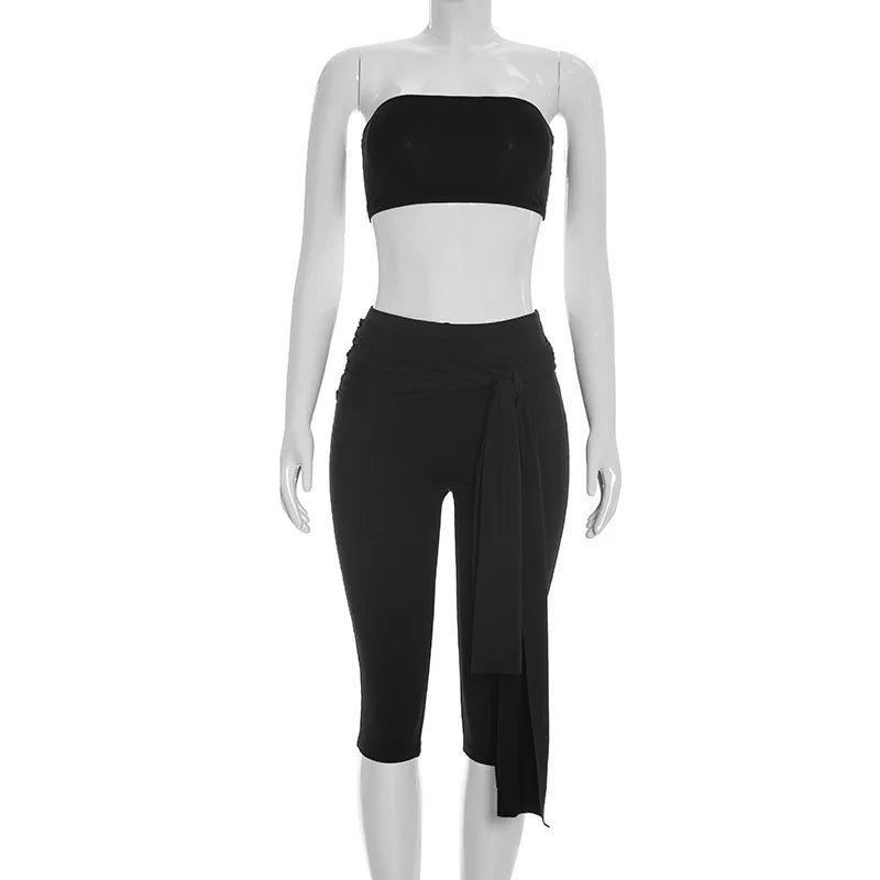 Irregular One Shoulder Crop Top And Capri Pants Set
