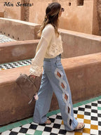 Side Hollow Out High Waist Jeans With Straight Leg Denim