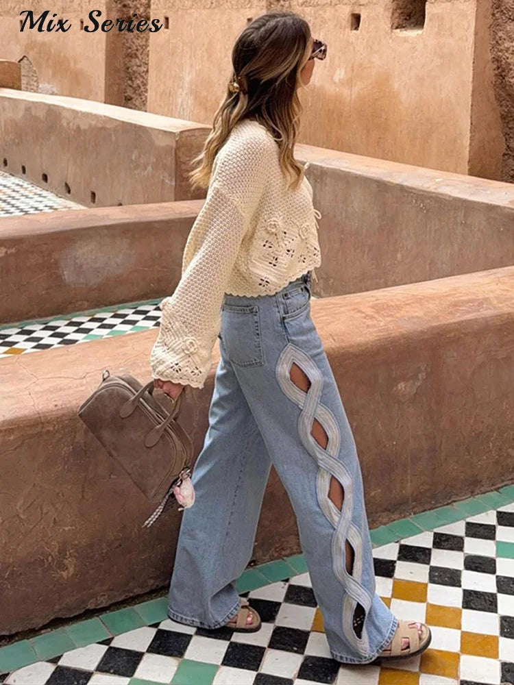 Side Hollow Out High Waist Jeans With Straight Leg Denim