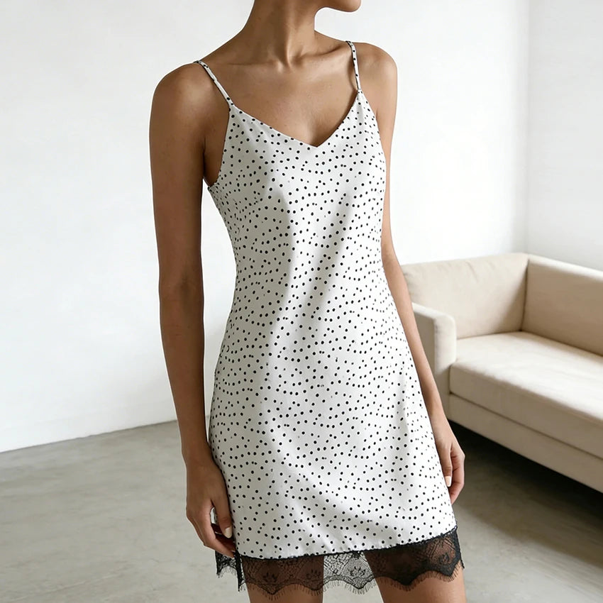 Sexy Polka Dot Loose Lace Spaghetti Strap Backless Nightgown