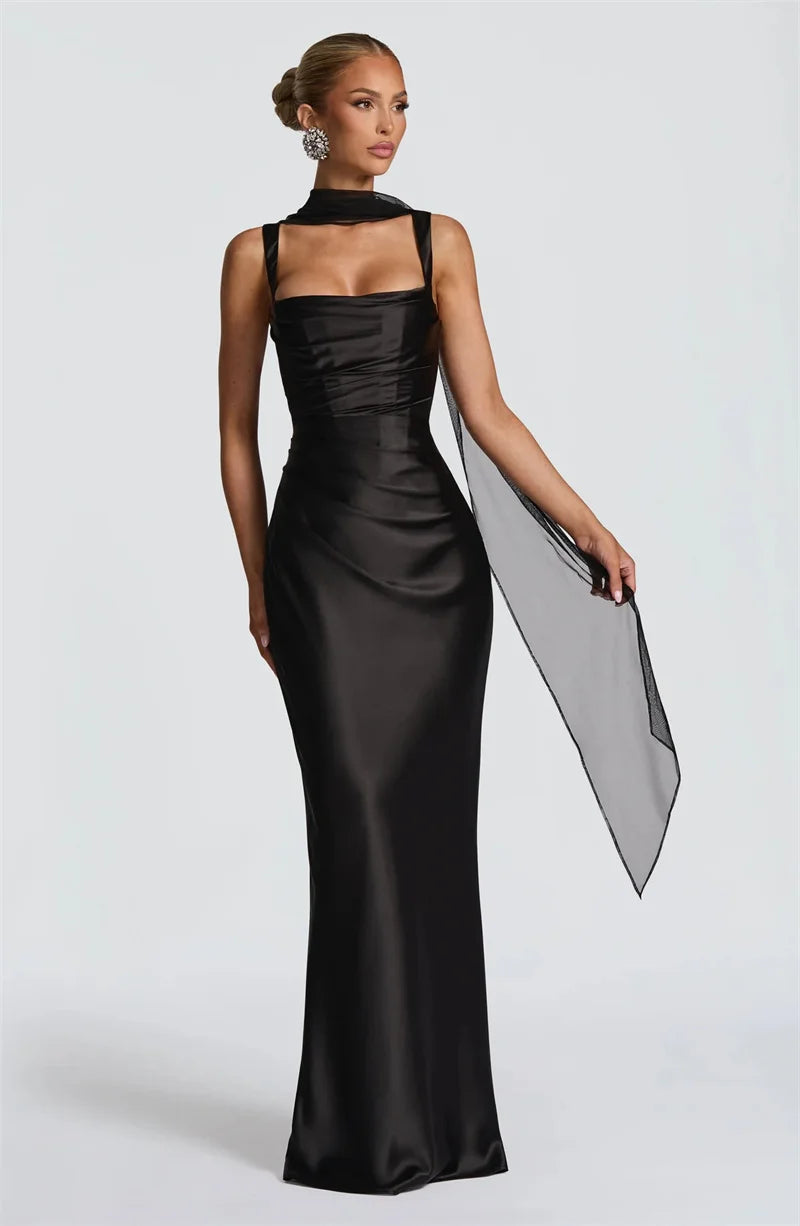 Elegant Satin Backless Halter Off-Shoulder Maxi Dress
