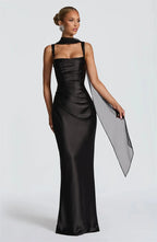 Elegant Satin Backless Halter Off-Shoulder Maxi Dress