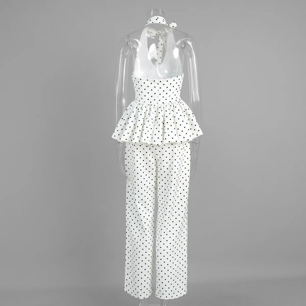 Dot Print Halter Top Set With Wide Leg Pants