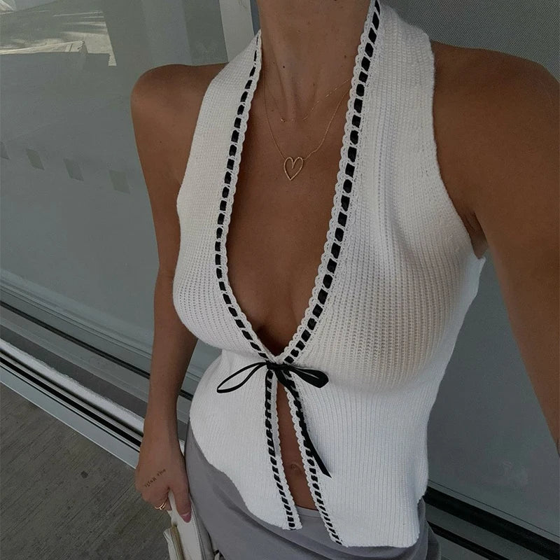 Vintage White Knit Deep V Tank Top For Women Off Shoulder