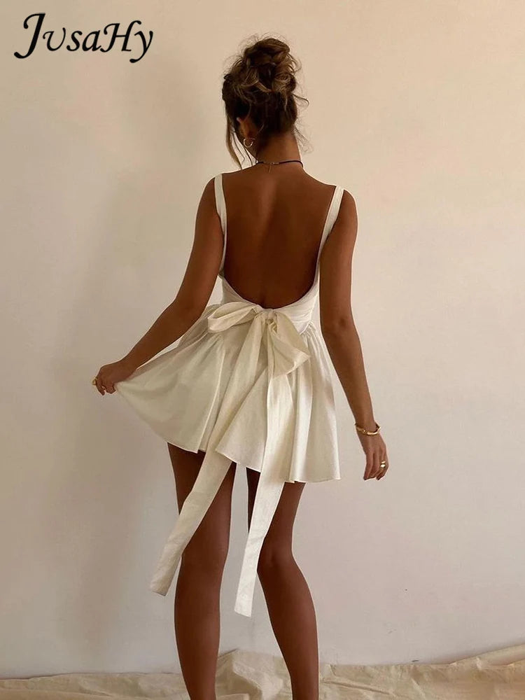 White Backless Halter Bowknot Sweet A Line Mini Dress