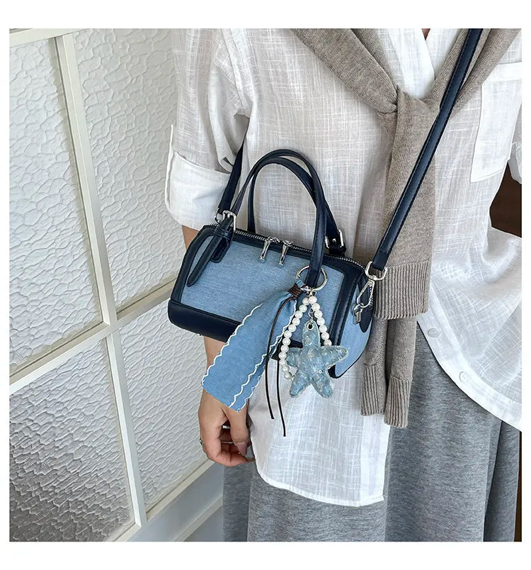 Denim Crossbody Bag With Embroidered Ruched Detailing And Subtle Rivet Accents