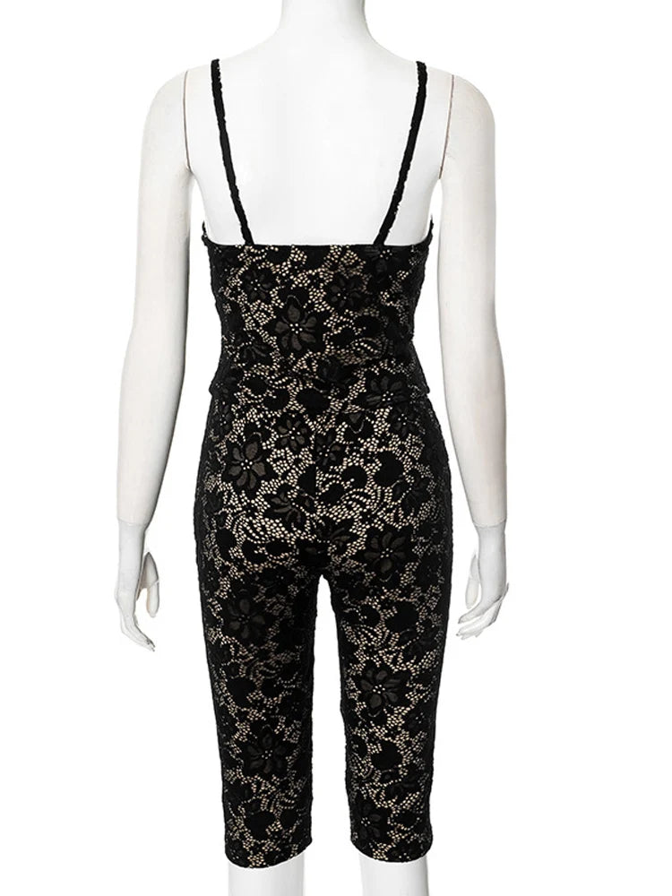 Hollow Out Lace Capri Set Two Piece With Spaghetti Straps