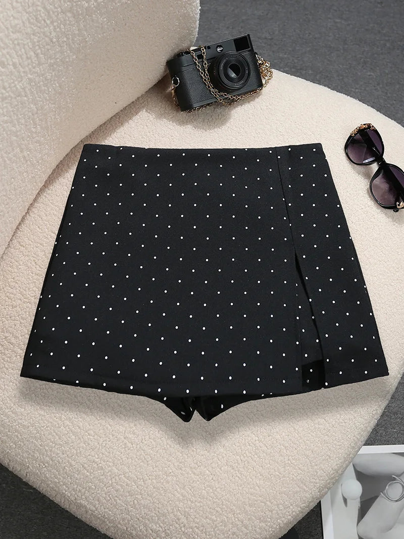 Mini Dots Pattern High Waist Skirt With Double Slits