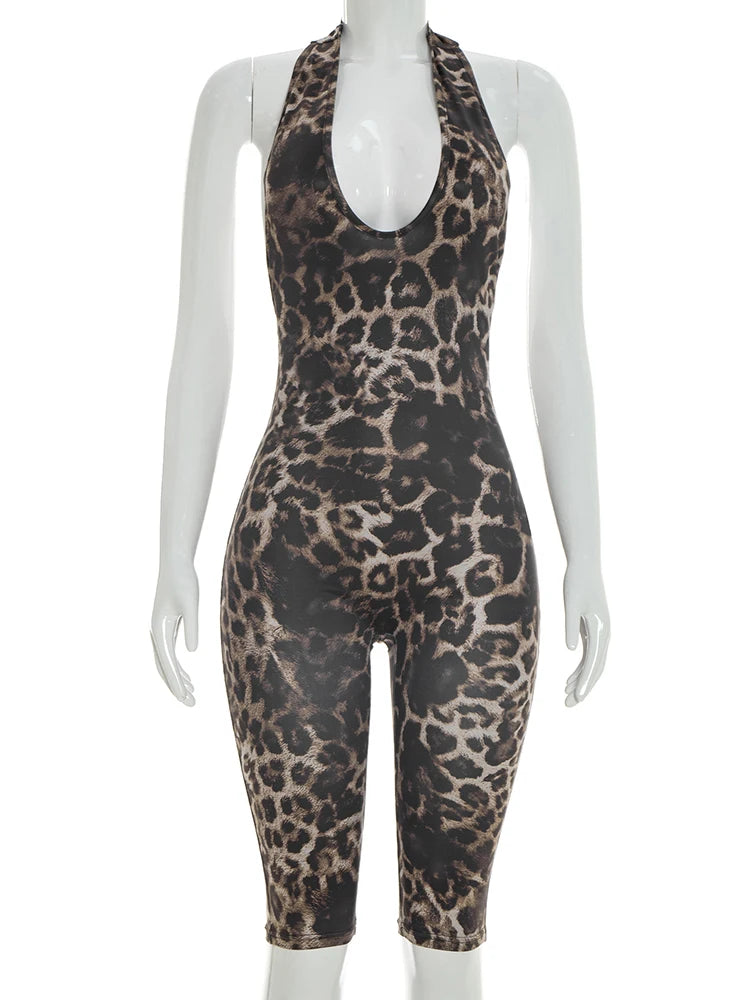 Leopard Print Halter Playsuit With Backless Design Bold Street Style Romper
