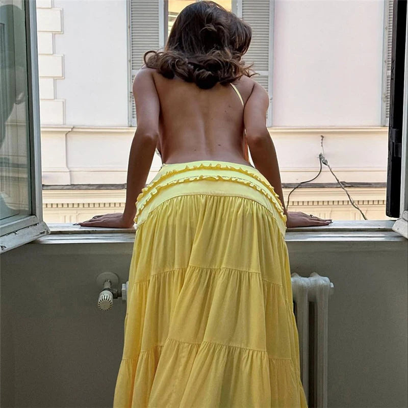 Off Shoulder Backless Evening Dress With Pleats And Ruffled Edges Diagonal Collar Floor Length