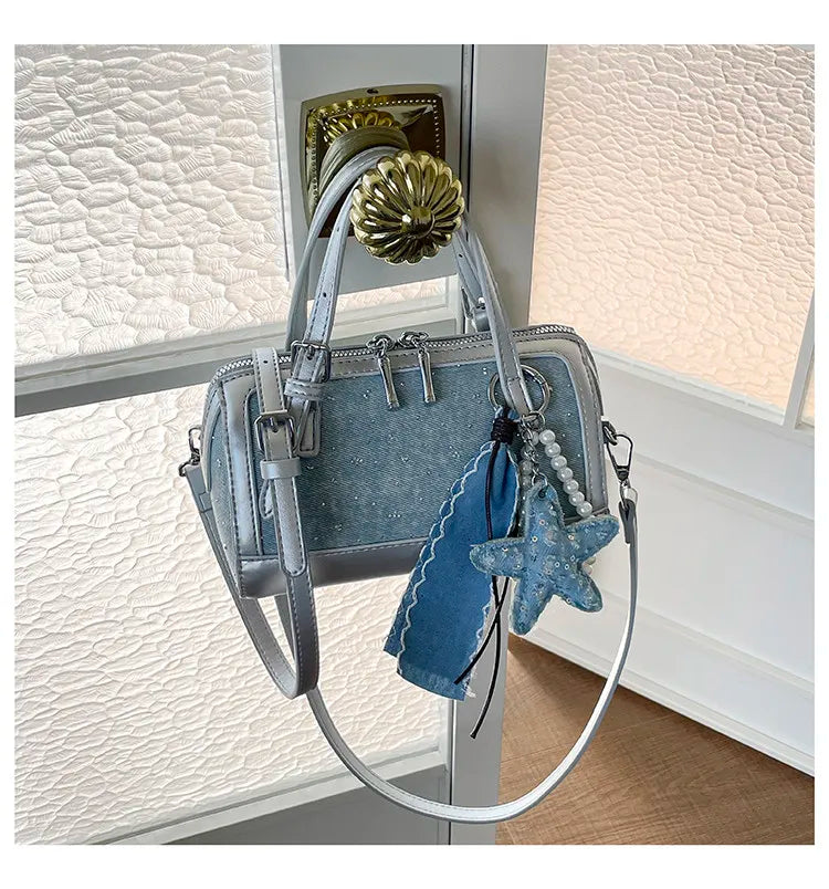 Denim Crossbody Bag With Embroidered Ruched Detailing And Subtle Rivet Accents