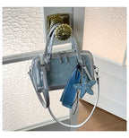 Denim Crossbody Bag With Embroidered Ruched Detailing And Subtle Rivet Accents