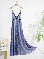 Women's Boho Chiffon Floral Print Long Strap Backless Maxi Dress