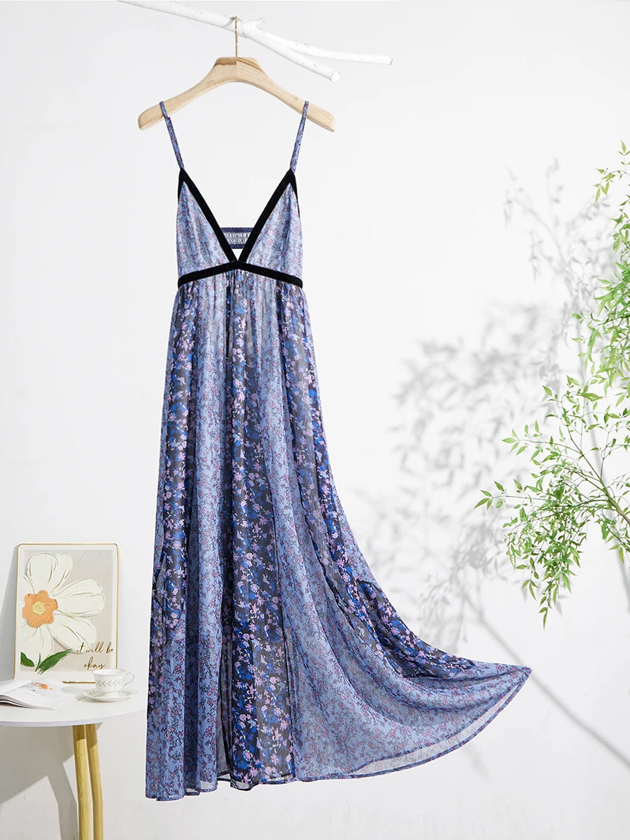 Women's Boho Chiffon Floral Print Long Strap Backless Maxi Dress