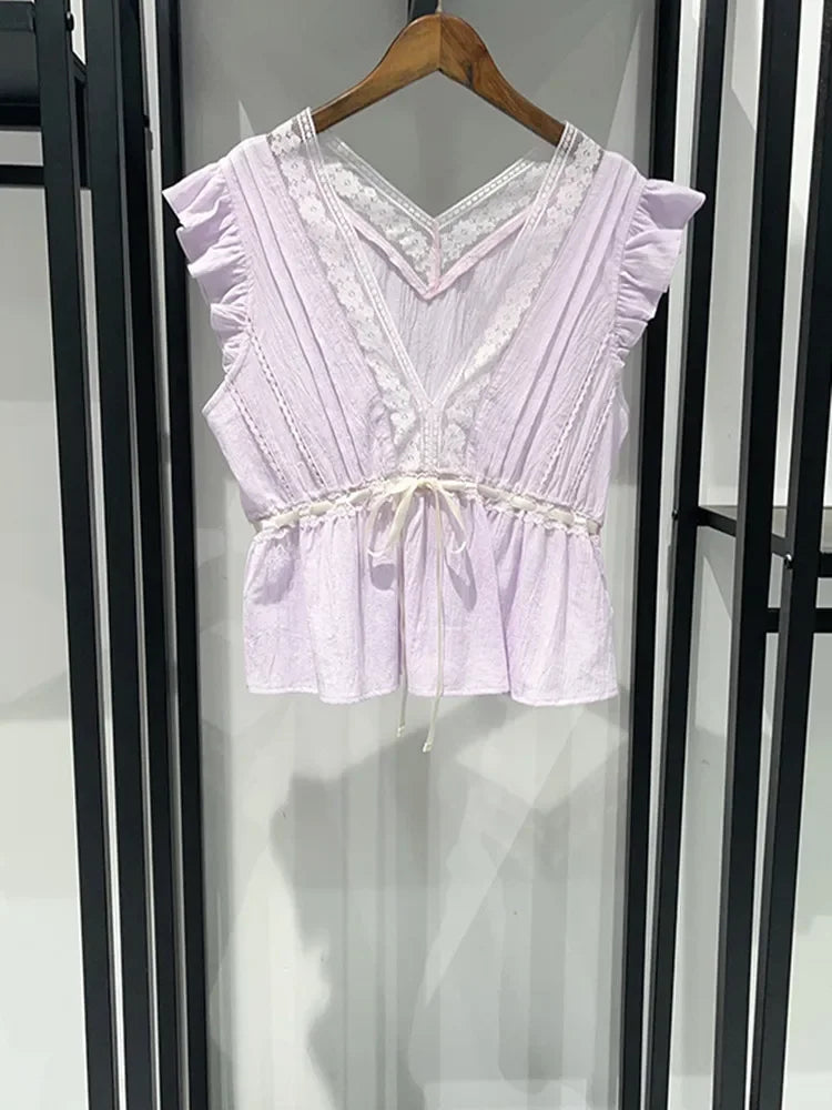Sweet Lace V Neck Blouse With Ruffles And Flutter Sleeves