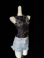 Chic Double Layer Mesh Tee With Elegant Print And High Collar Short Sleeve Women Net Shirt