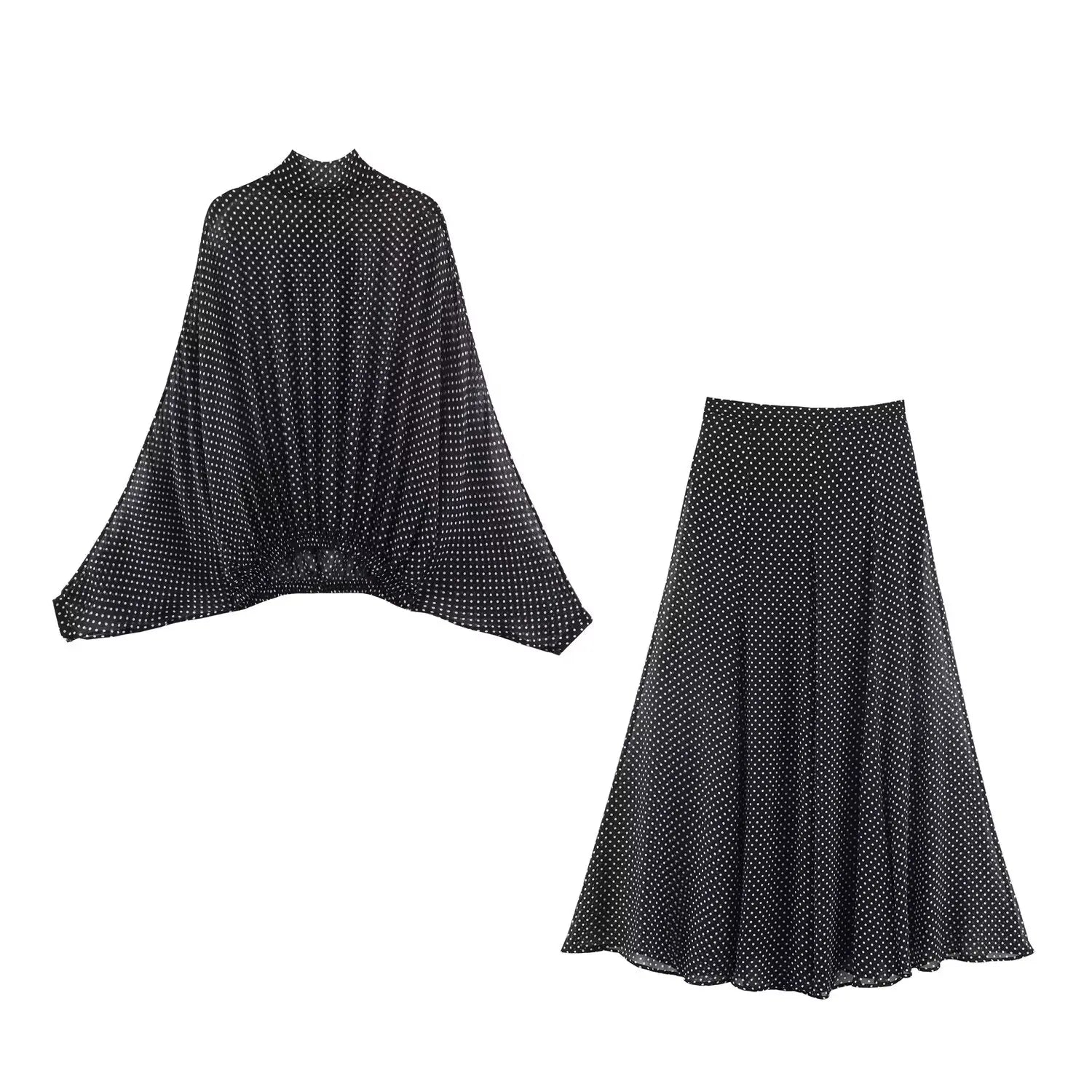 Vintage Polka Dot Chiffon Set With Bow Tie Blouse And Long Skirt