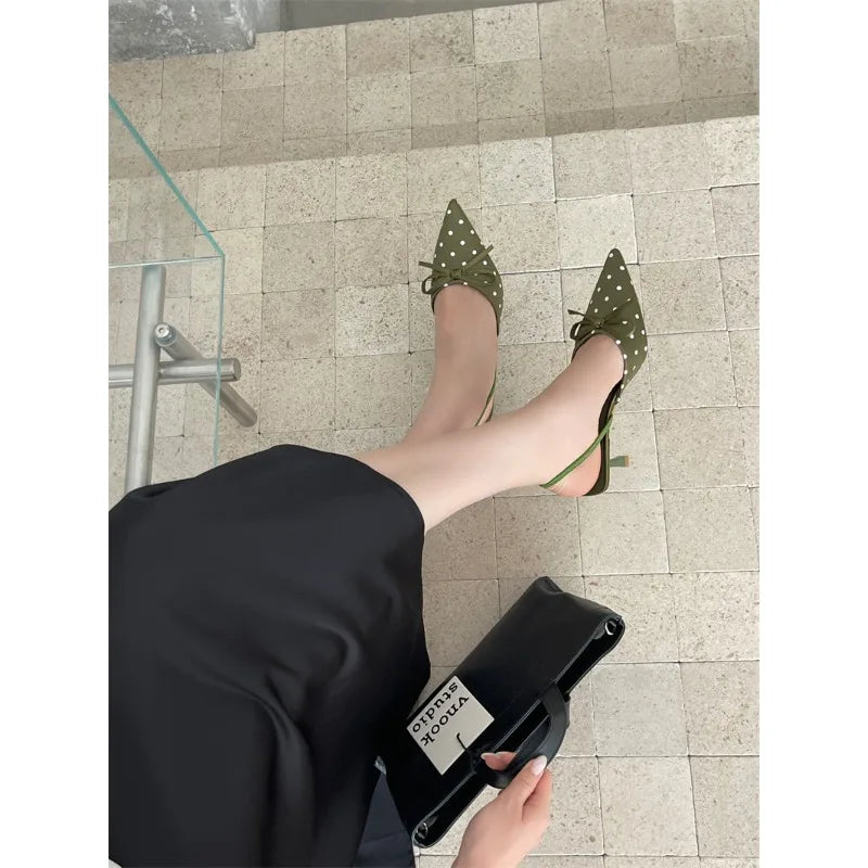 Satin Butterfly Polka Dot Pointed Toe Mules For Women Low Heel Pumps
